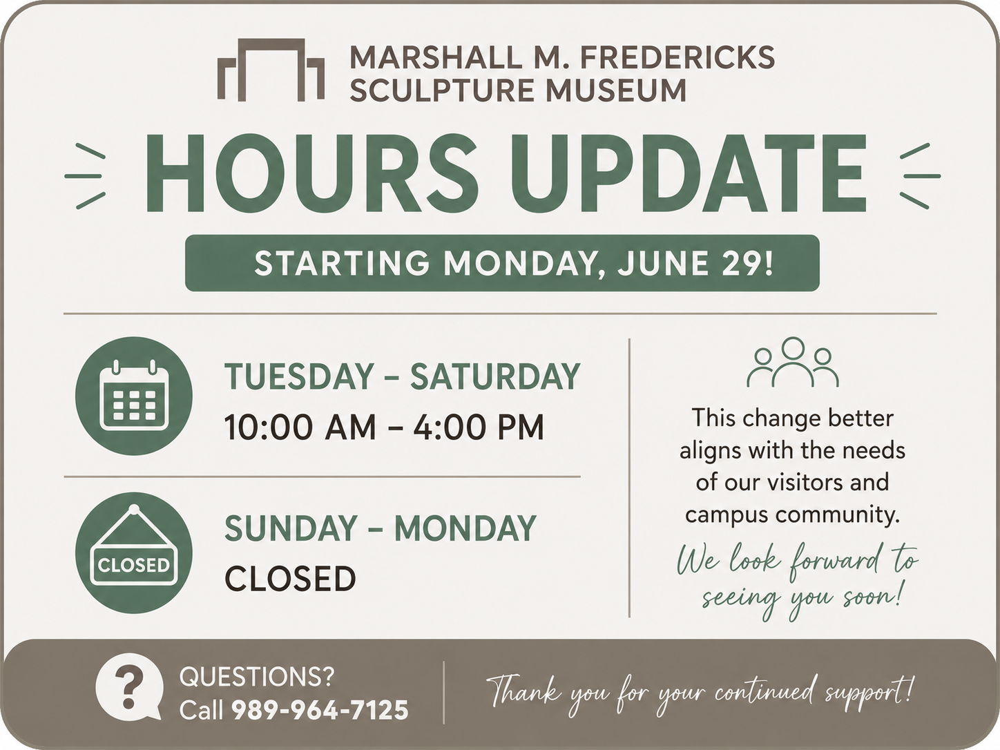 Announcement graphic for the Marshall M. Fredericks Sculpture Museum. The headline reads 